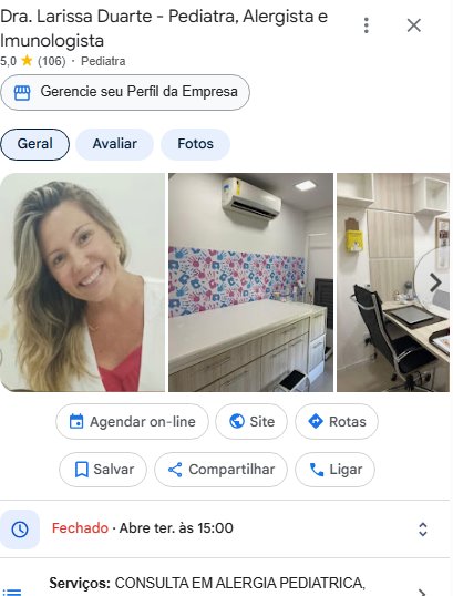 Ficha do Google de Dra. Larissa Duarte